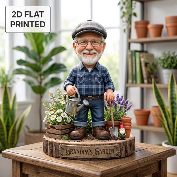 Personalized Grandpa Garden Gnome 2D FLAT Wooden Block, Custom Photo Caricature Plaque Sign