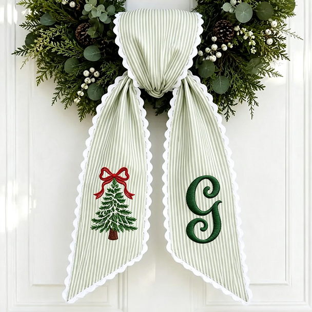 Personalized Christmas Bow Tree Wreath Sash, Monogram Letter