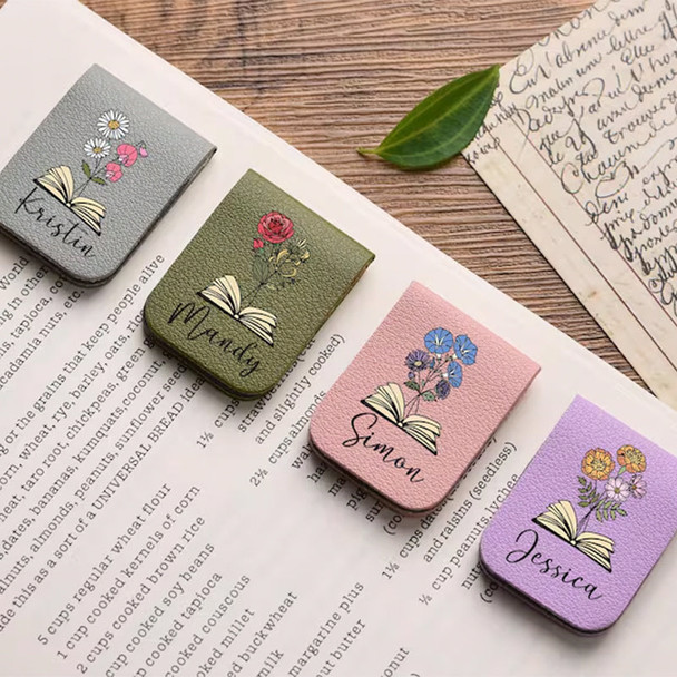 Leather Bookmark with Birth Flower,Personalized Leather Magnetic Bookmark