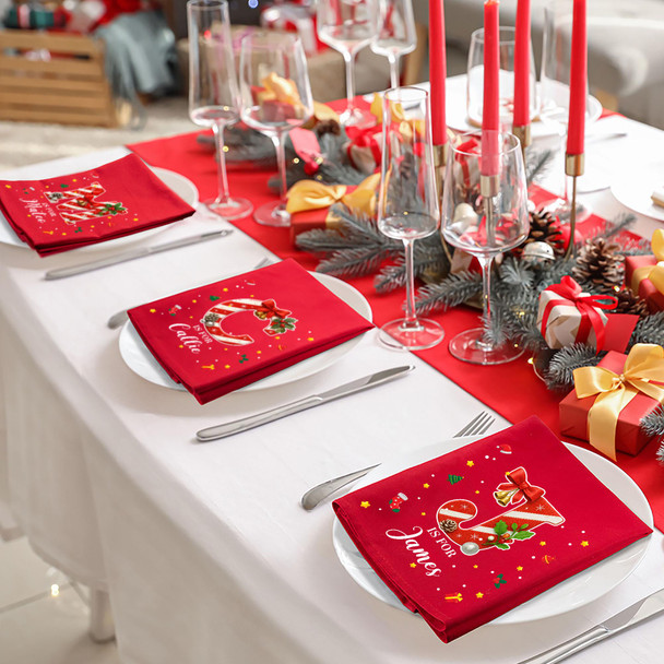 Personalized Christmas Cotton Napkin with Name | Candy Cane Initial | Party Table Decor