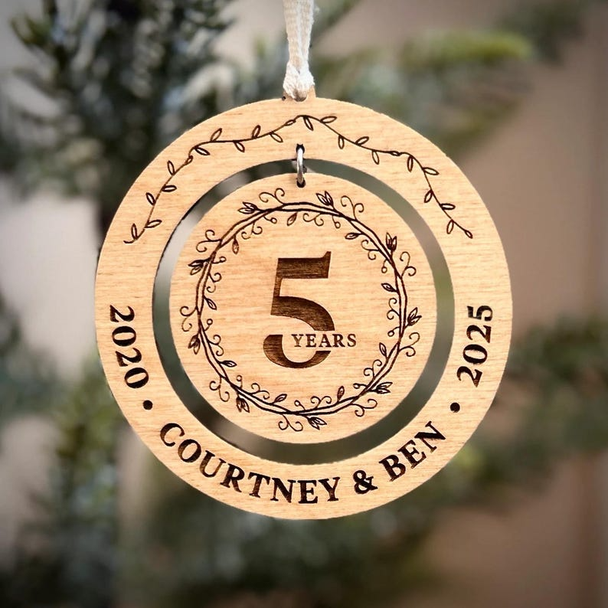 5th Anniversary Gift Ornament / Wooden Laser Engraved Ornament