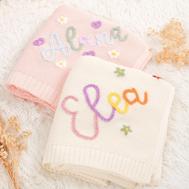 Personalized Hand-Embroidered Knit Baby Blanket Baby Name Blanket