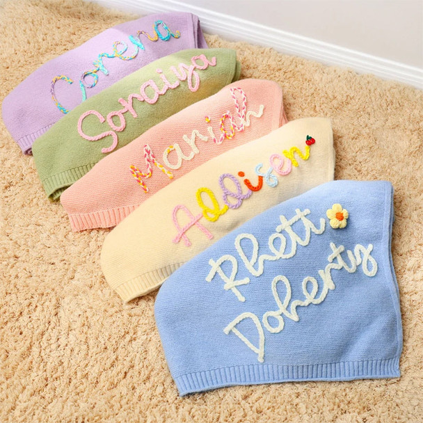 Personalized Hand-Embroidered Knit Baby Blanket Baby Name Blanket