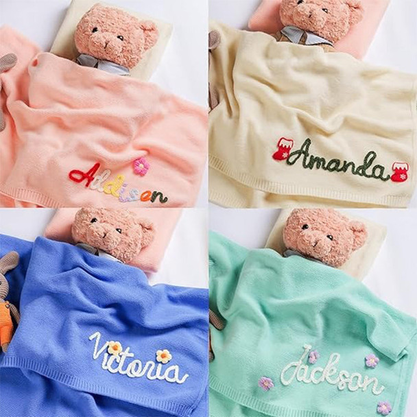 Personalized Hand-Embroidered Knit Baby Blanket Baby Name Blanket