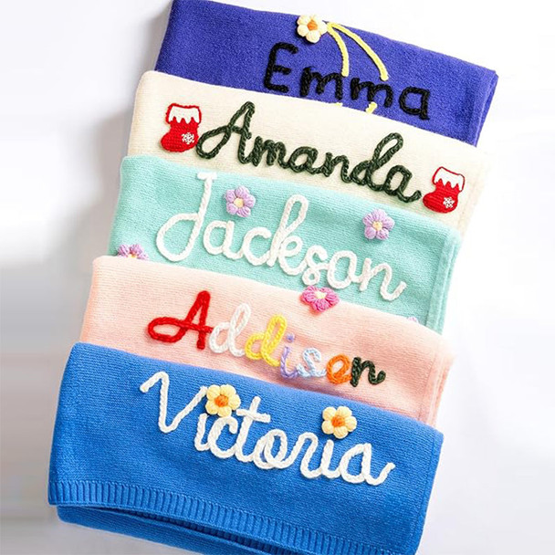 Personalized Hand-Embroidered Knit Baby Blanket Baby Name Blanket