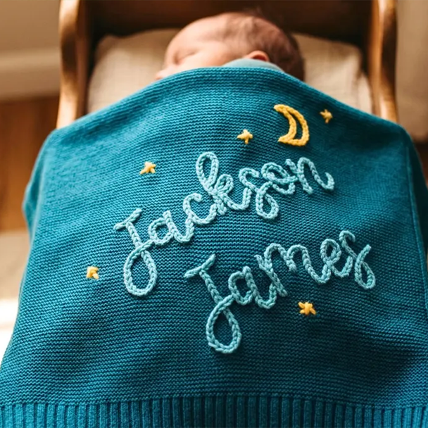 Personalized Hand-Embroidered Knit Baby Blanket Baby Name Blanket