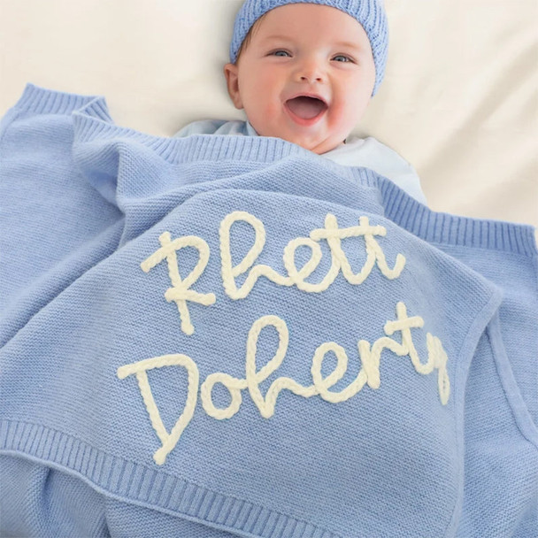 Personalized Hand-Embroidered Knit Baby Blanket Baby Name Blanket