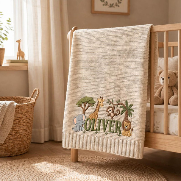 Personalized Embroidered Lion Baby Blanket Name - Custom Name Knit Giraffe Safari Newborn Gift