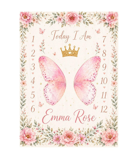 Custom Butterfly Baby Milestone Blanket, Personalized Floral Baby Shower Gift