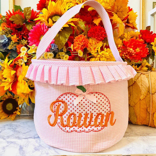 Halloween Bucket Pink/Blue Gingham w/Pumpkin Personalized | Halloween Basket