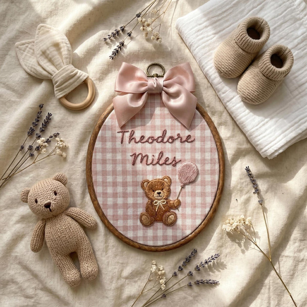 Personalized Embroidered Teddy Bear Name Hoop, Baby Boy Nursery Decor, Custom Keepsake