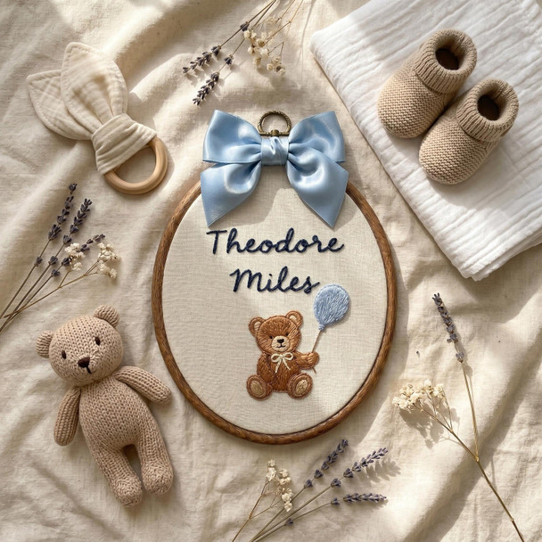 Personalized Embroidered Teddy Bear Name Hoop, Baby Boy Nursery Decor, Custom Keepsake