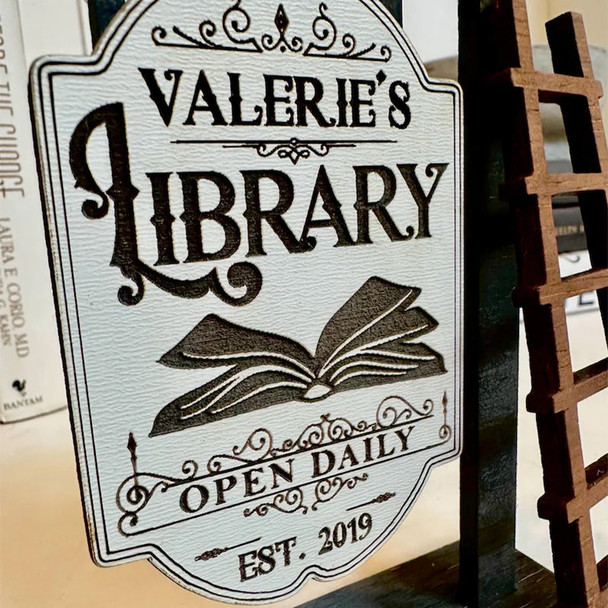 Personalized Library Sign, Mini wooden Signpost with ladder Library Decor