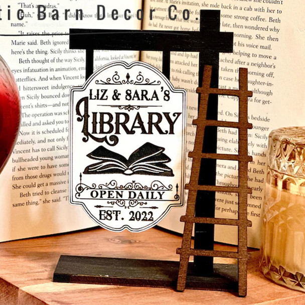 Personalized Library Sign, Mini wooden Signpost with ladder Library Decor