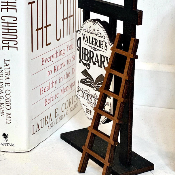 Personalized Library Sign, Mini wooden Signpost with ladder Library Decor