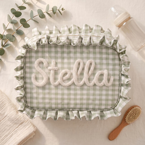Personalized Baby Girl Diaper Bag, Custom Gingham Diaper Wipe Pouch