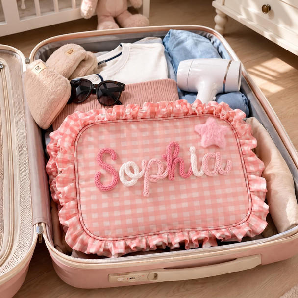 Personalized Baby Girl Diaper Bag, Custom Gingham Diaper Wipe Pouch