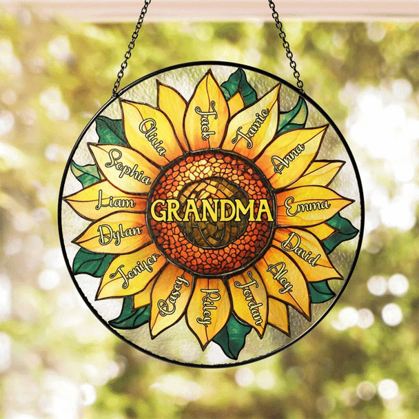 Personalized Grandma Grandkids Sunflower Stained Glass Suncatcher