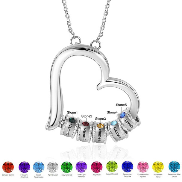 Personalized Family Heart Pendant Necklace 1 2 3 4 5 6 Birthstone Name Custom