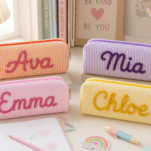 Custom Name Pencil Case for Kids, Personalized Pencil Pouch, Cute Seersucker School Supplies Bag