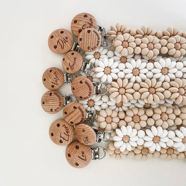 Personalized Flower Beaded Pacifier Clip Wooden Engraving