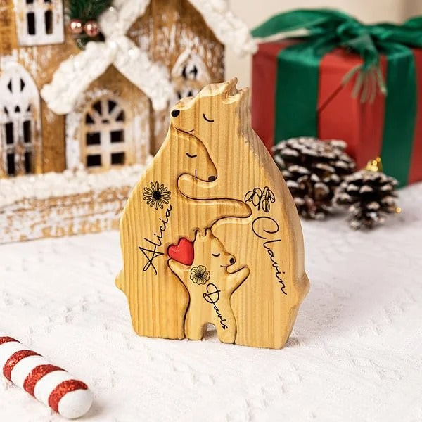Personalized Red Heart Birth Flower Wooden Hug Bear Family Puzzle