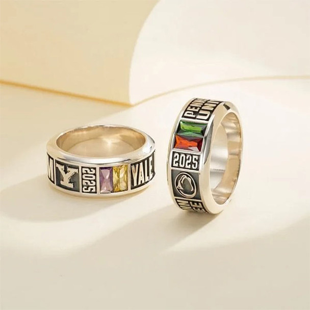 Personalized Sterling Silver High School College Class Band Birthstone Ring Graduation Gift