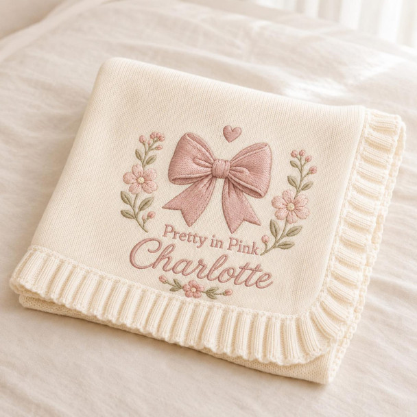 Personalized Baby Blanket with Name, Embroidered Pink Bow & Flowers