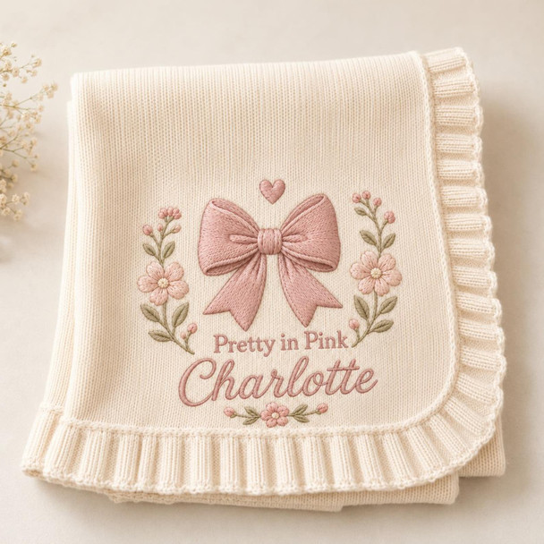 Personalized Baby Blanket with Name, Embroidered Pink Bow & Flowers