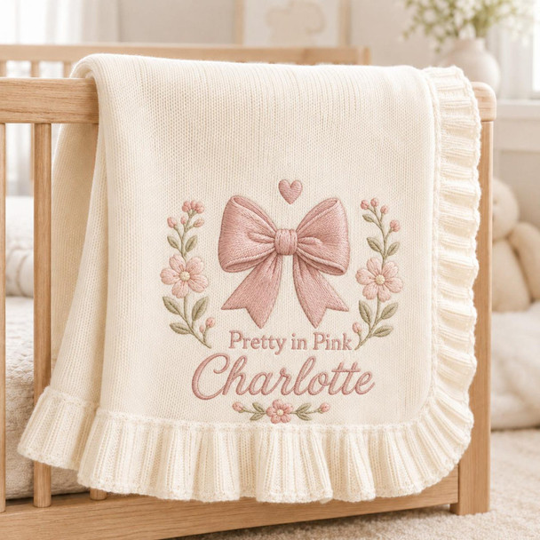 Personalized Baby Blanket with Name, Embroidered Pink Bow & Flowers