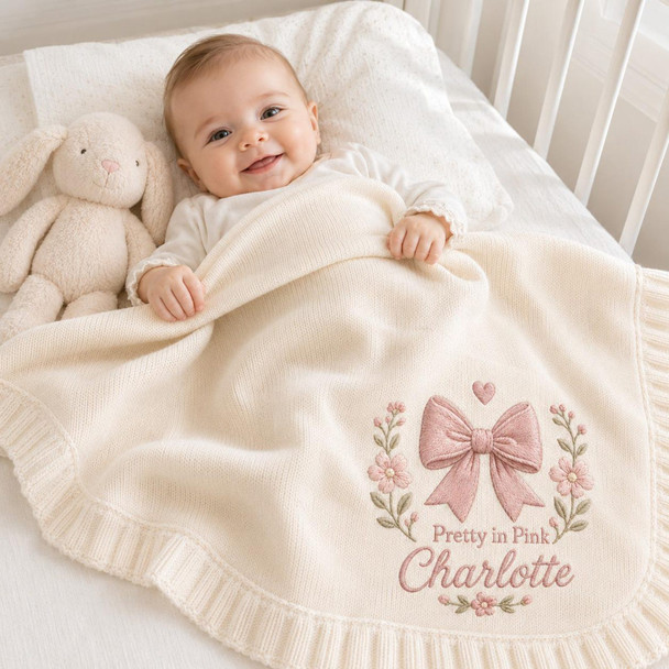 Personalized Baby Blanket with Name, Embroidered Pink Bow & Flowers