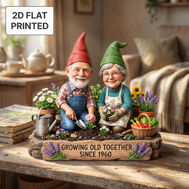 Personalized Grandparents Garden Gnome 2D FLAT Wooden Block, Custom Photo Plaque