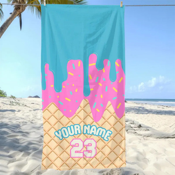 Ice Cream Drip Beach Towel Baseball Player Gift Cotton Candy Personalized Name Team