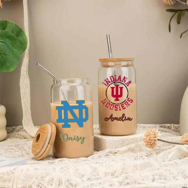 Custom University Logo 16oz Glass, College Iced Coffee Glass Graduation Gift