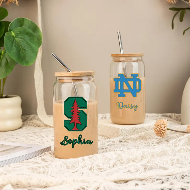 Custom University Logo 16oz Glass, College Iced Coffee Glass Graduation Gift