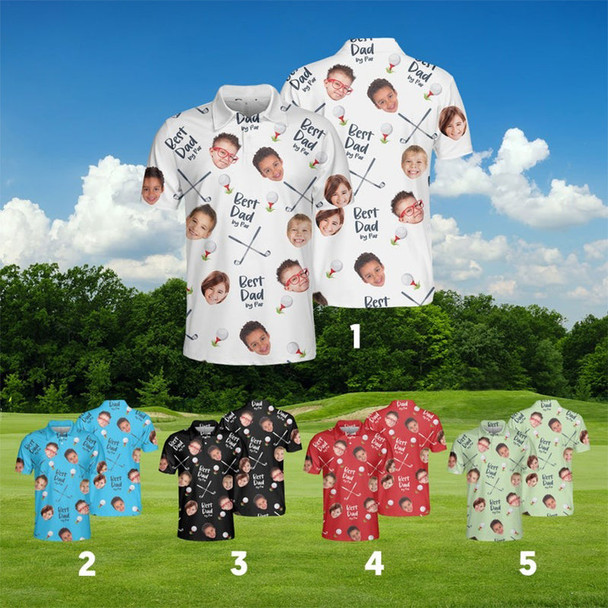 Best Dad By Par Polo Shirt with Custom Kid Face Photo Portrait, Father's Day Gift