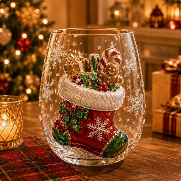 Christmas Glass Cup, Santa Reindeer Snowman Tree Holiday Glassware, Cute Christmas Drink Cup
