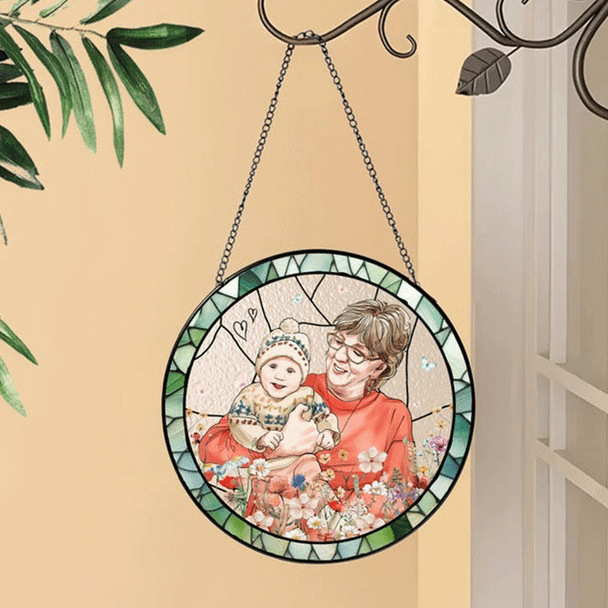 Personalized Grandma And Grandkids Portrait Stained Glass