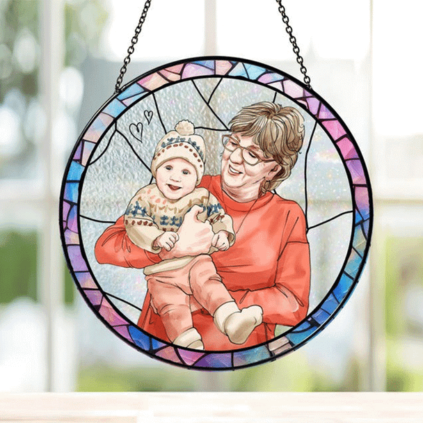 Personalized Grandma And Grandkids Portrait Stained Glass
