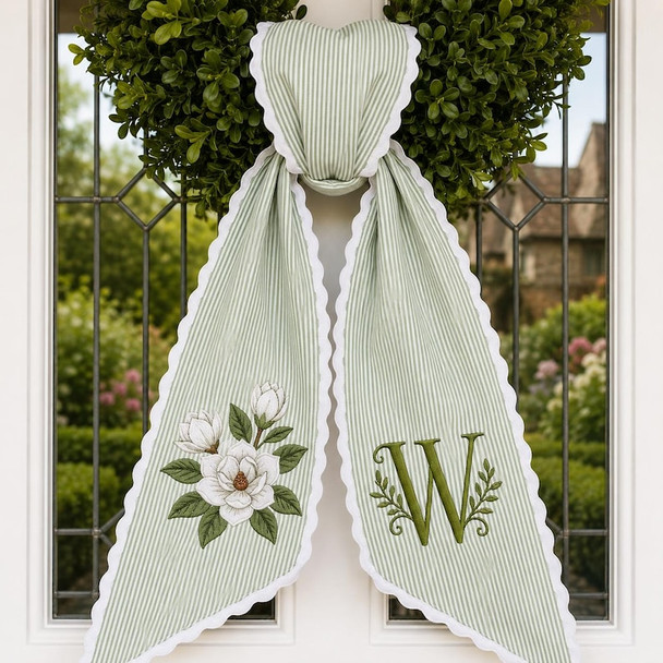 Custom Magnolia Wreath Sash, Personalize Monogram Bow Wedding Decor