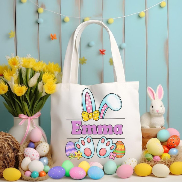 Personalized Easter Bunny Canvas Tote Bag, Custom Name Easter Bag, Bunny Ears Easter Bunny