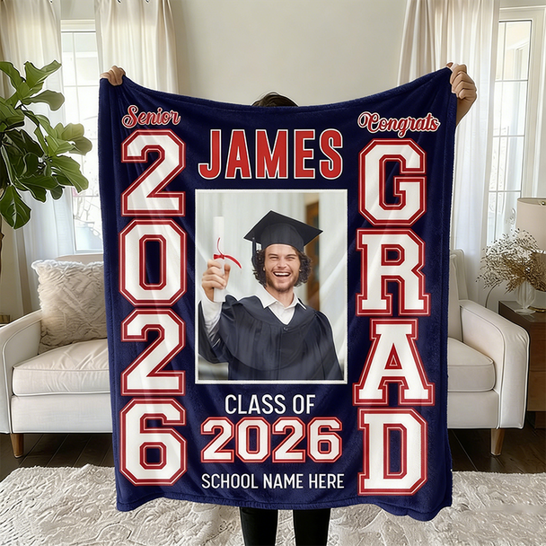 Personalized Photo & School Logo Class of 2026 Blanket Graduation Gift