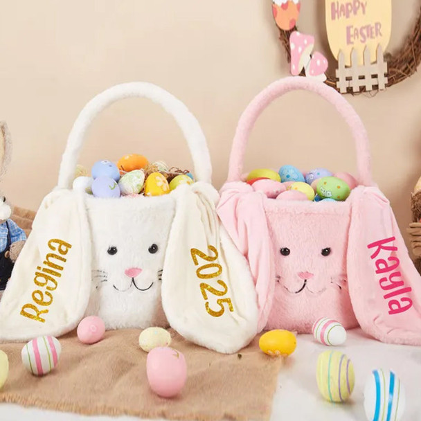 Custom Bunny Easter Basket,Personalized Plush Easter Bucket,Kid Bunny Basket with Name