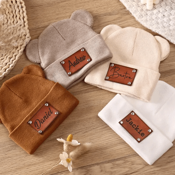 Personalized Baby Beanie with Bear Ears, Custom Beanie with Name Patch