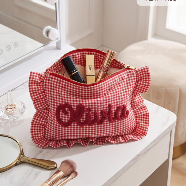 Personalized Ruffle Bridal Party Pouch,Bridesmaid Favor Personalized Makeup Bag,Getting Ready Gift