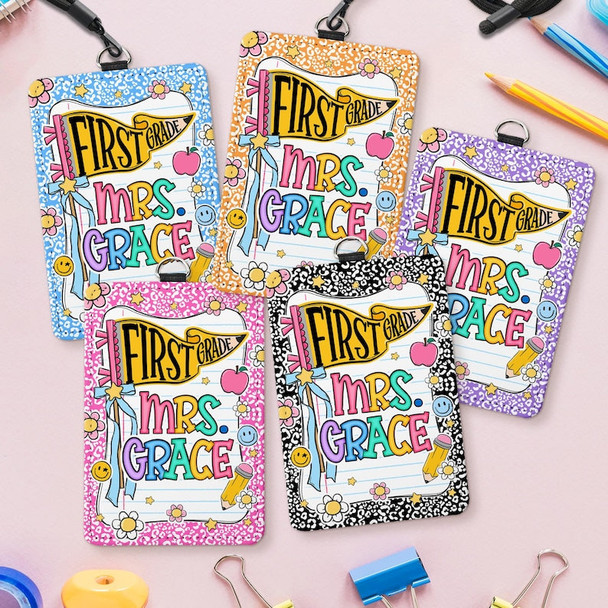 Personalized Pennants Flag Teacher ID Badge Holder: Custom Teacher Name Card Holder
