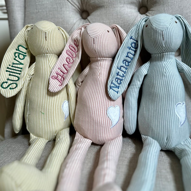 Personalized Easter Striped Plush New Baby Bunny, Long Ear Bunny