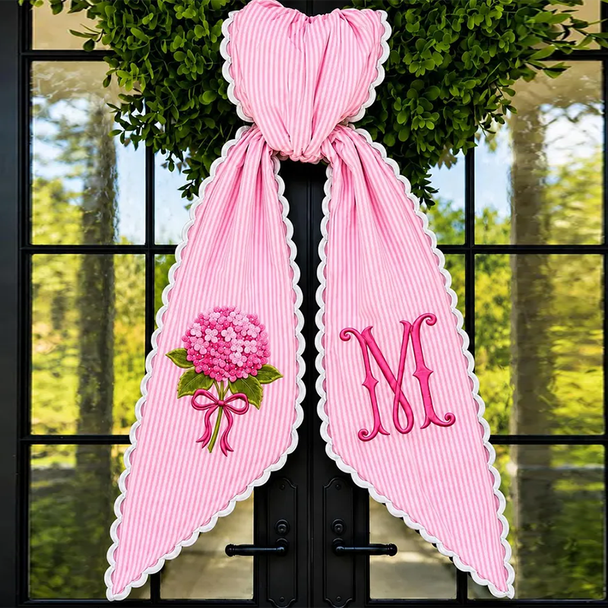 Hydrangea Wreath Sash, Door Decor, Ticking Stripe Front Porch Wreath Bow