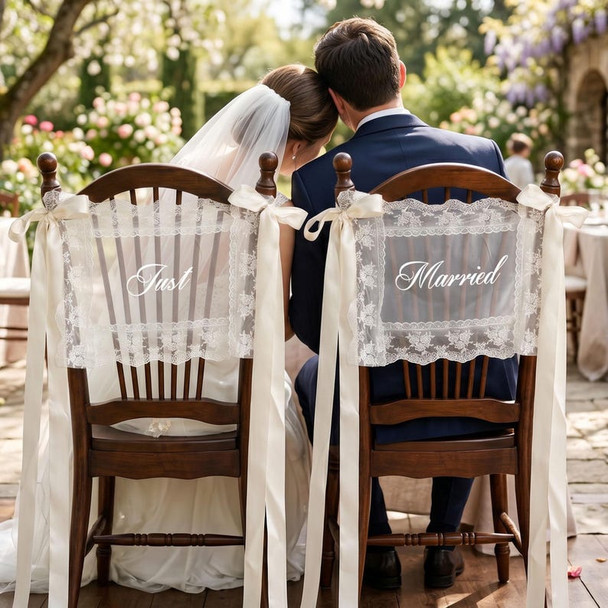 Personalized Lace Just Married Wedding Chair Sash | Custom Bride Groom Chair Banner