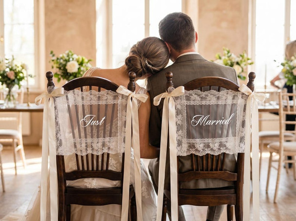 Personalized Lace Just Married Wedding Chair Sash | Custom Bride Groom Chair Banner